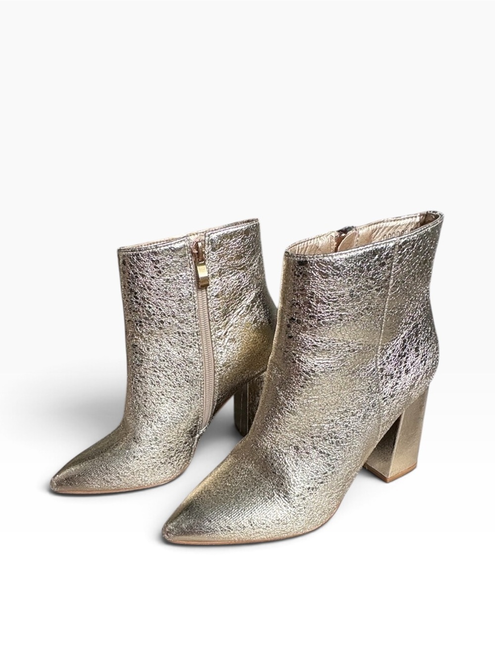 ShuShop Metallic Silver Pointed Toe Block Heel Ankle Boots